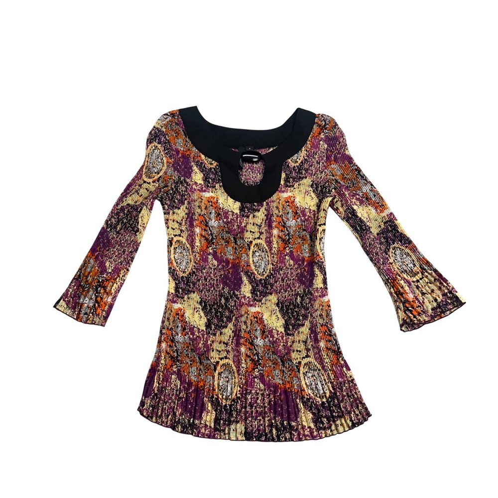 Essentials by Milano Women Small Purple Abstract Pleated Keyhole Tunic Blouse